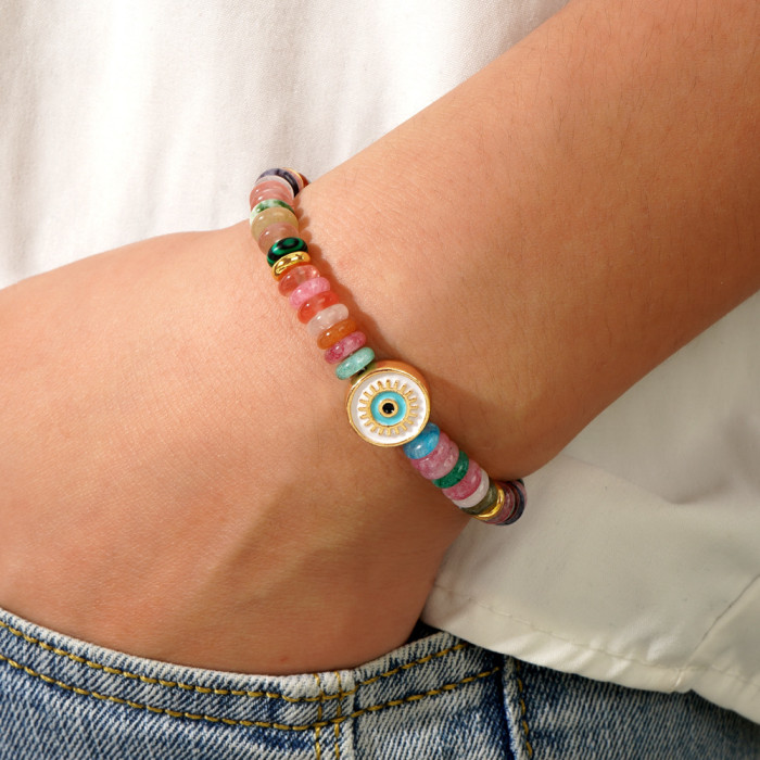 Cross-Border Simple Fashion Bohemian Style Bracelet Copper Spacer Mixed Color Natural Stone Bracelet with Alloy Evil Eye