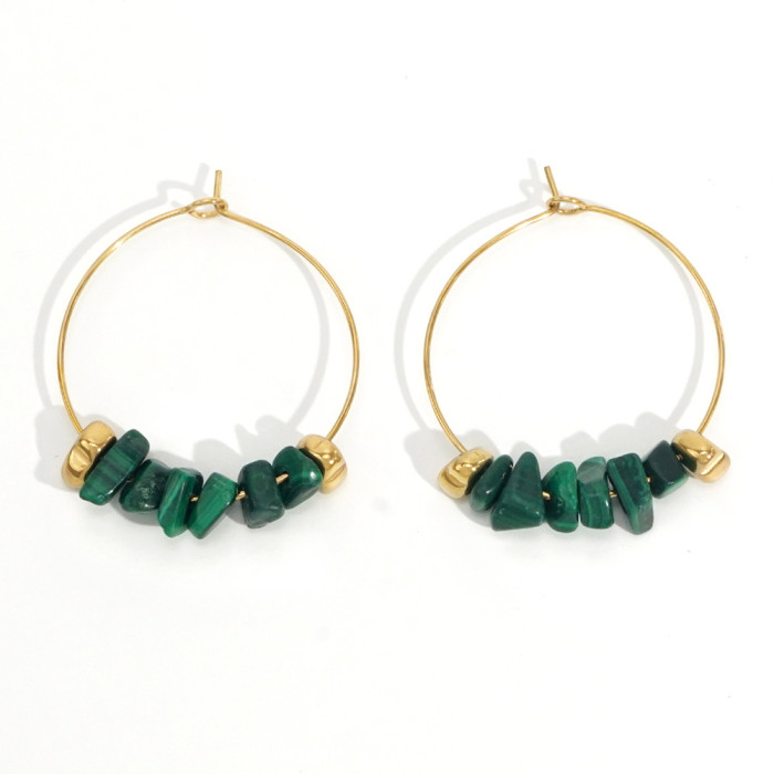Cross-Border New Chinese Style Earrings Stainless Steel Gold-Plated Iron Gallstone Bracelet Earrings Malachite Watermelon Red Crushed Stone Earrings