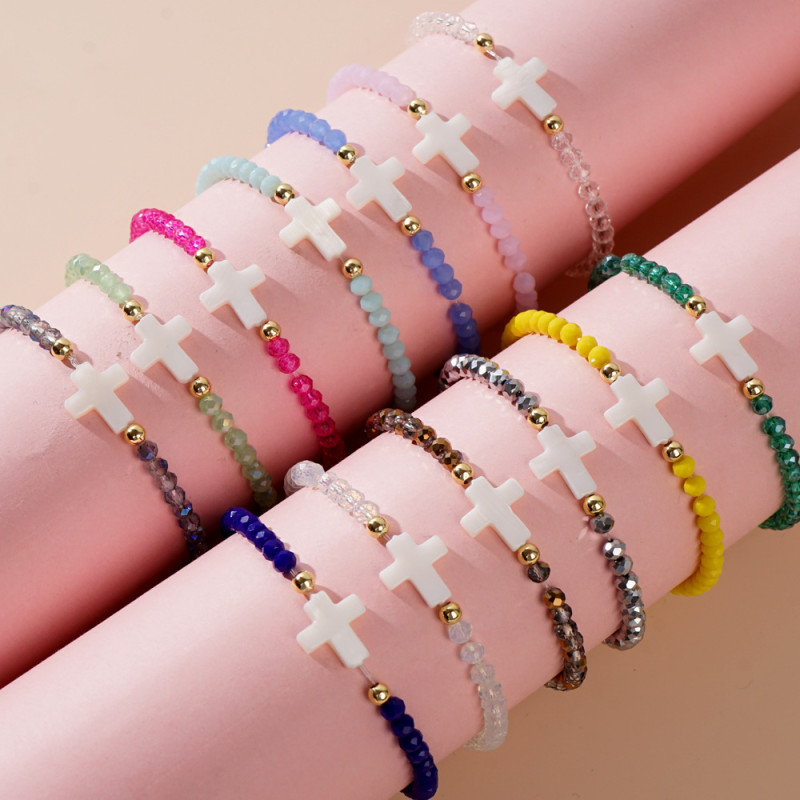 Cross-border Bohemian Style Copper Bead Shell Bracelet Cross Colorful Crystal Handmade Beaded Bracelet for Women