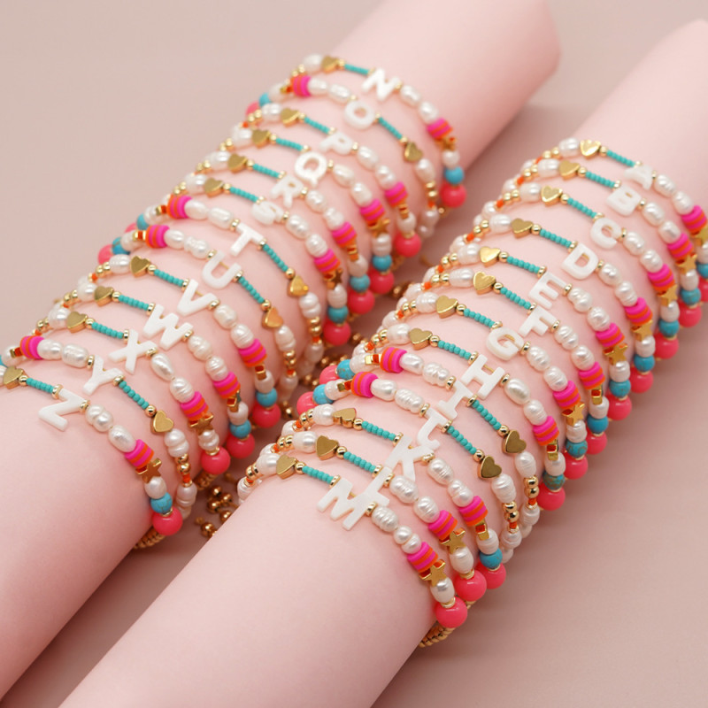 Heart-shaped Pentagram Shell Bracelet A-Z Letter Imitation Pearl Beaded Bracelet Valentine's Day Heart Gold Bead Bracelet