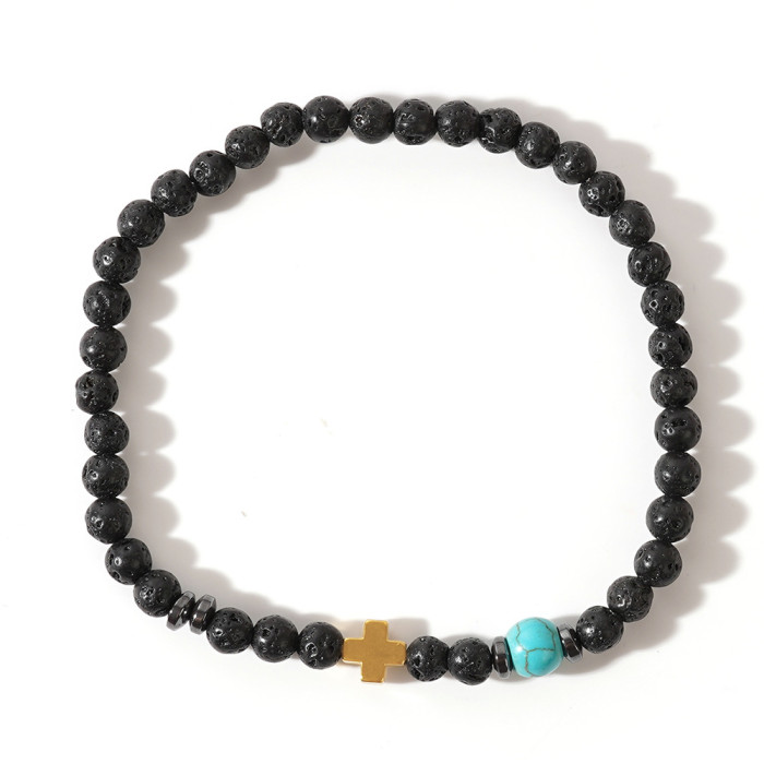 Ins Internet Celebrity Style Volcanic Stone Bracelet Set Simple Versatile Black Gallstone Cross Elastic Bracelet Couple Bracelet