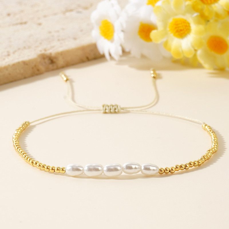 Cross-Border European and American Hot-Selling Bohemian Small Bracelet Rice-Shaped Imitation Pearl Copper Bead Bracelet Adjustable Wholesale