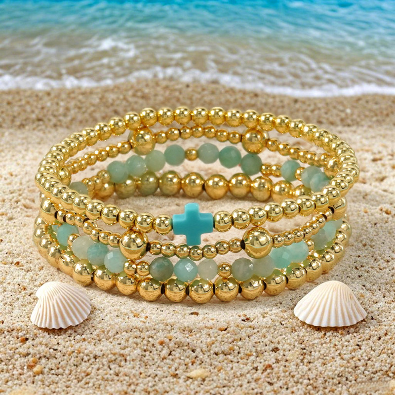 Summer Cool Beach Style Multi-layer Gold Bead Crystal Bracelet Set Hot-selling Cross Vacation Jewelry Bracelet