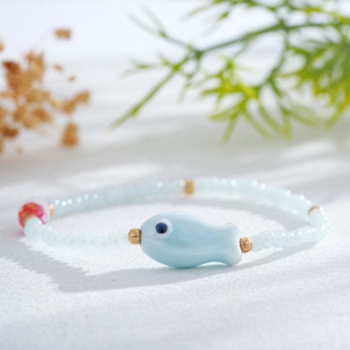 Colorful Glass Ceramic Small Fish Beaded Bracelet Summer Cute Ocean Style Versatile Bracelet Ins Hot Sale