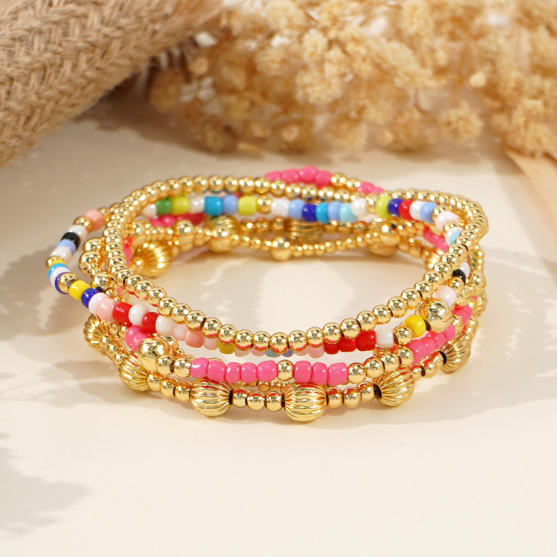 Cross-Border Bohemian Style Jewelry Gold-Plated Copper Beads Pumpkin Beads Bracelet Handmade Beaded Multi-Layer Stretch Bracelet