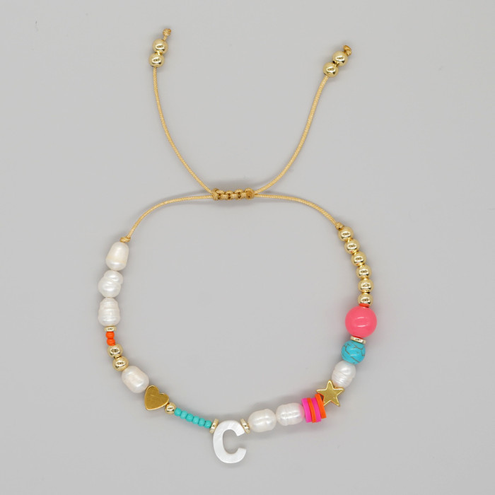 Heart-shaped Pentagram Shell Bracelet A-Z Letter Imitation Pearl Beaded Bracelet Valentine's Day Heart Gold Bead Brac...
