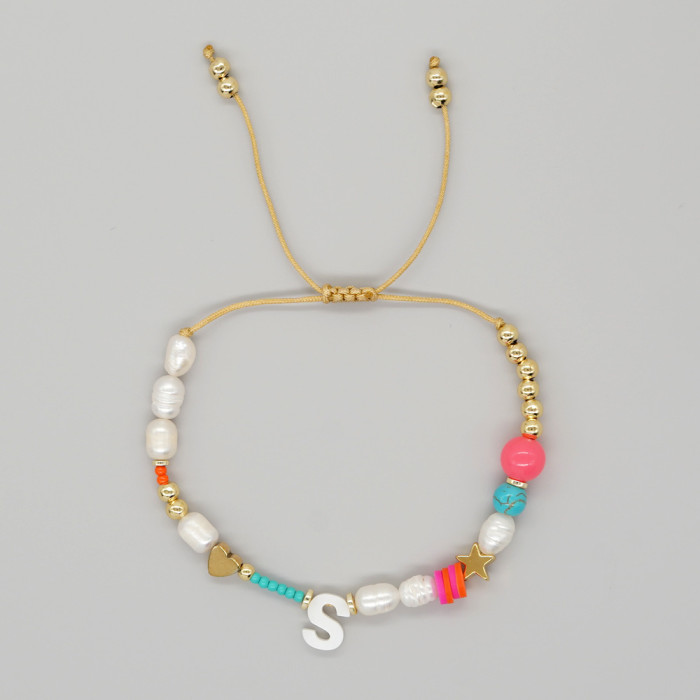 Heart-shaped Pentagram Shell Bracelet A-Z Letter Imitation Pearl Beaded Bracelet Valentine's Day Heart Gold Bead Brac...