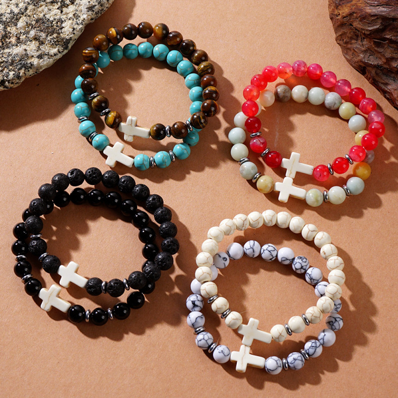 Cross Beaded Bracelet Faith Cross Bracelet Lava Volcanic Stone Turquoise Tiger Eye Stone Red Vein Stone Amazonite Stone