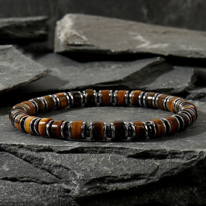 European and American Cross-Border Cylindrical Yellow Tiger Eye Black Gallstone Natural Stone Beaded Men's Bracelet Simple Retro Bracelet In Stock Wholesale