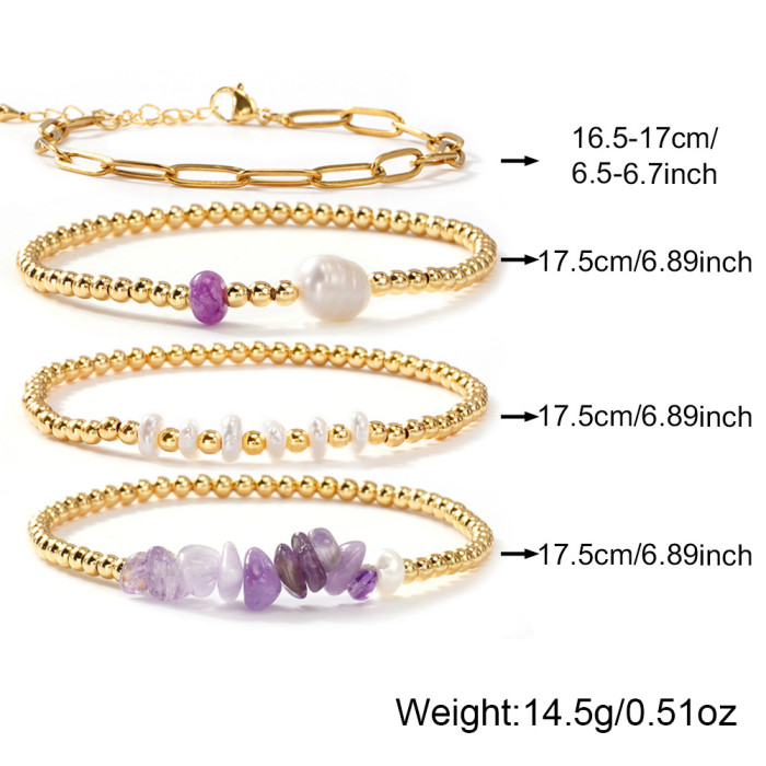 European and American Style Multi-layer Stacking Bracelet Set Imitation Pearl Amethyst Stone Gold Bead Metal Chain Ins Niche Hand Jewelry Wholesale