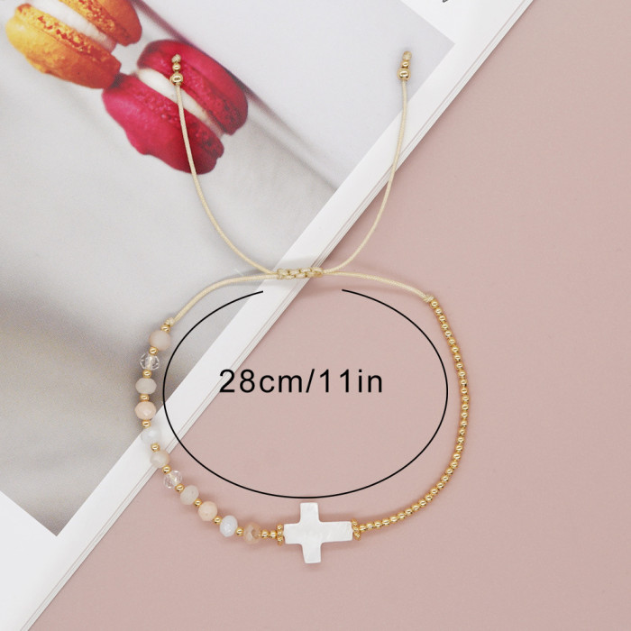 New Retro Bohemian Style Shell Cross Crystal Copper Bead Bracelet Women's Jewelry