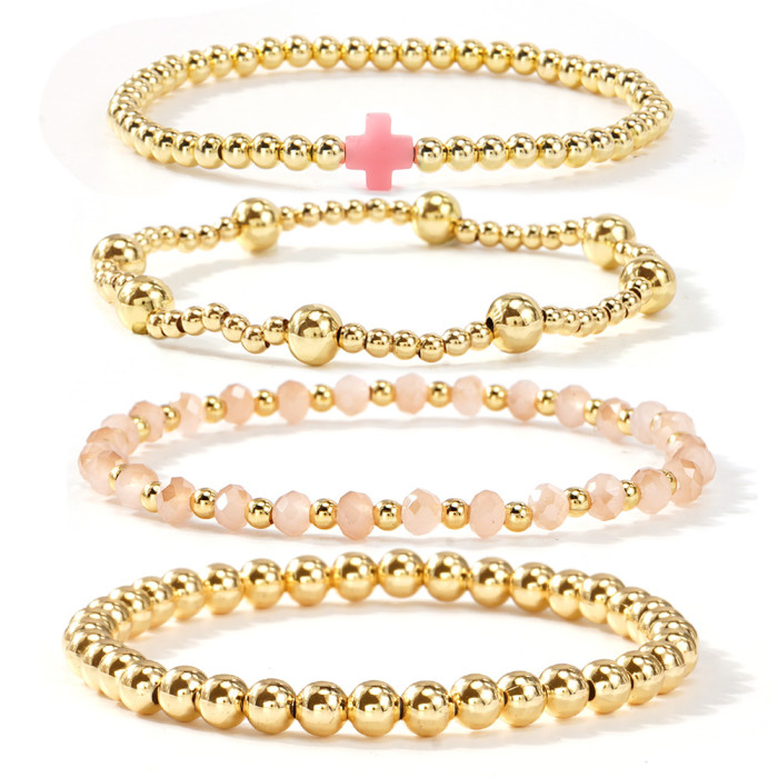 Summer Cool Beach Style Multi-layer Gold Bead Crystal Bracelet Set Hot-selling Cross Vacation Jewelry Bracelet