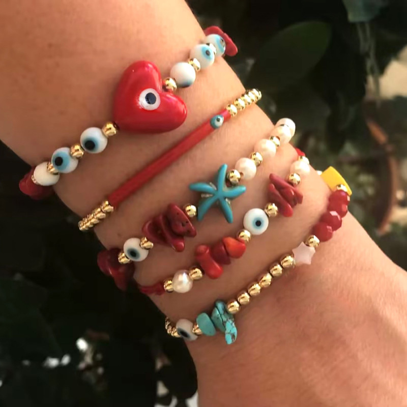 Cross-Border Hot-Selling Bohemian Style Red Crystal Bracelet Fashion Versatile Niche Gold Bead Bracelet DIY Elastic Adjustable