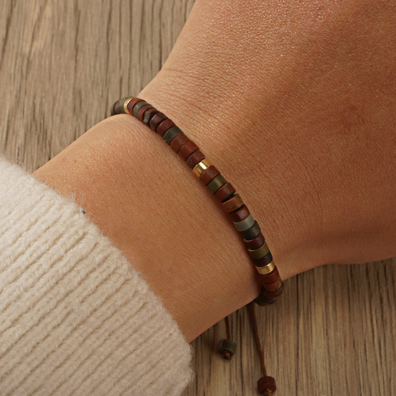 Cross-Border Cylindrical Red Pine Semi-Precious Stone Bracelet Black Gallstone Spacer Beaded Bracelet Handmade Adjustable Bracelet