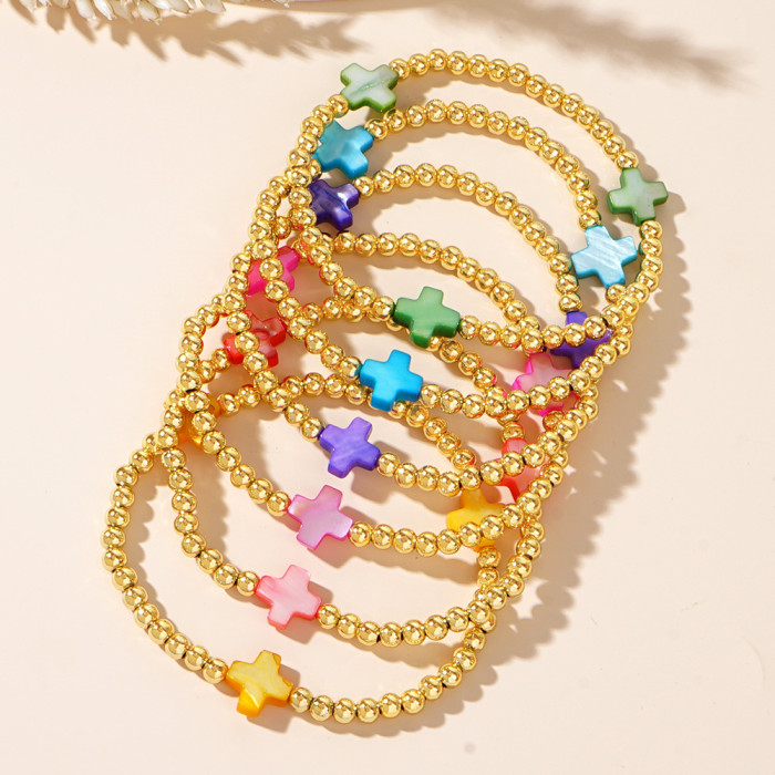 Hot Fashion Shell Cross Bracelet for Women Simple Versatile Beaded Elastic Bracelet