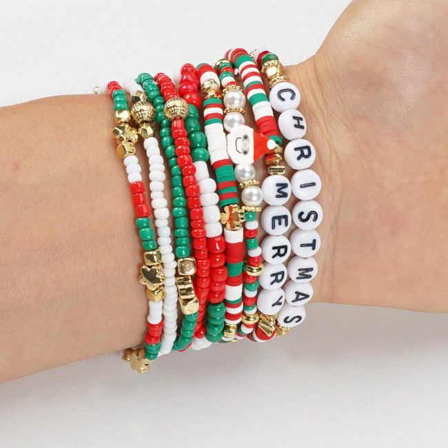 Red Green White Christmas Beaded Bracelet MERRY Letter Bell Heart Element Versatile Ins Style Hot Recommendation