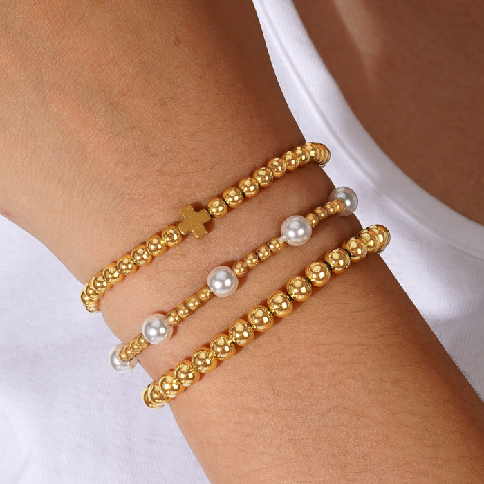 Custom Cross Copper Bead Bracelet Iron Gallstone Imitation Pearl Bracelet Gift for Girlfriend Boyfriend Couple Jewelr...