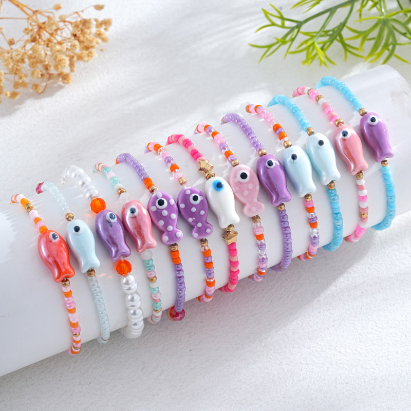 Colorful Glass Ceramic Small Fish Beaded Bracelet Summer Cute Ocean Style Versatile Cross-Border Bracelet Ins Hot Sale