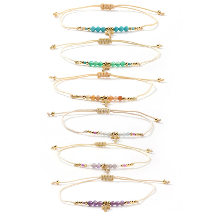 2025 New Ins Style Cross Semi-Precious Stone Bracelet Niche Design Adjustable Drawstring Light Luxury Hand Jewelry Wholesale
