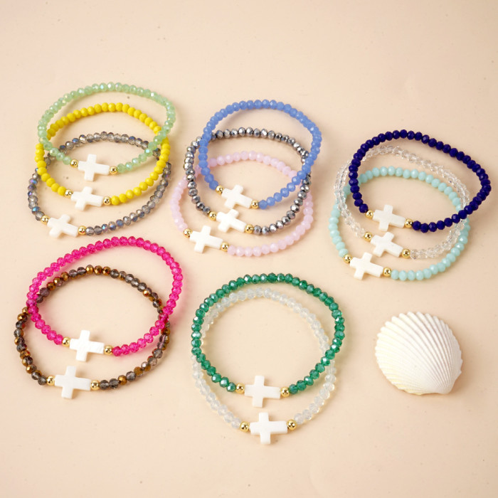 Bohemian Style Copper Bead Shell Bracelet Cross Colorful Crystal Handmade Beaded Bracelet for Women