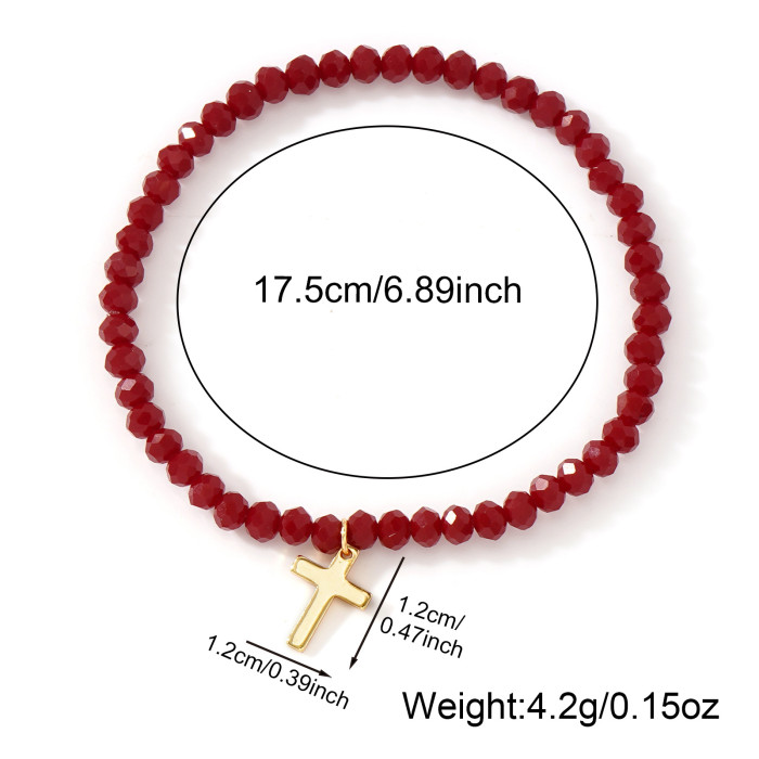 Simple and Elegant Red Crystal Bracelet with Gold Cross Pendant, Personalized Design That Highlights Elegant Temperam...