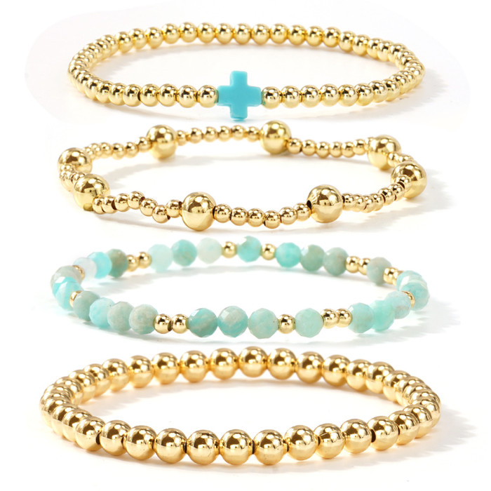 Summer Cool Beach Style Multi-layer Gold Bead Crystal Bracelet Set Hot-selling Cross Vacation Jewelry Bracelet