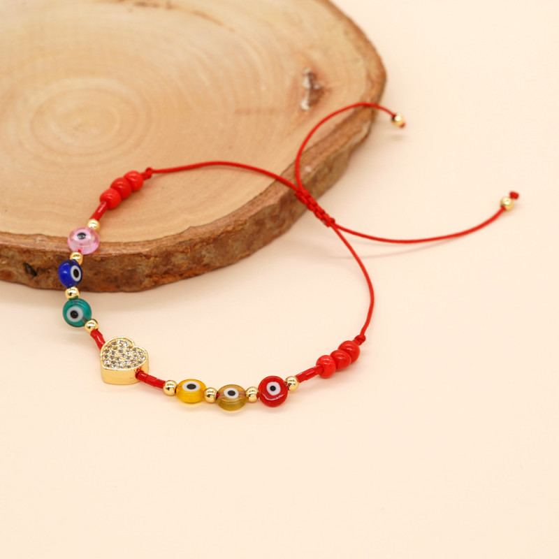 Hot-Selling Red Rope Multicolor Glass Bracelet · Micro-Inlaid Heart Devil's Eye Bracelet for Women Light Luxury Niche