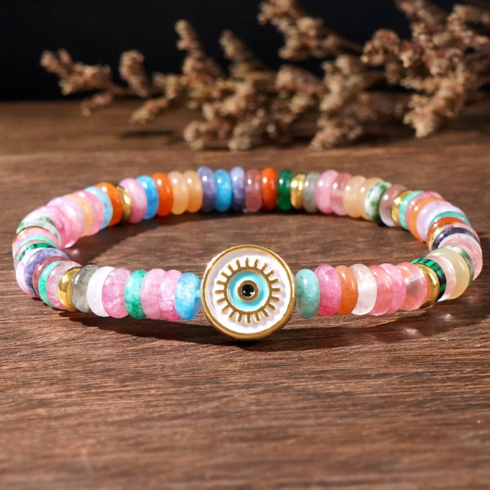 Cross-Border Simple Fashion Bohemian Style Bracelet Copper Spacer Mixed Color Natural Stone Bracelet with Alloy Evil Eye