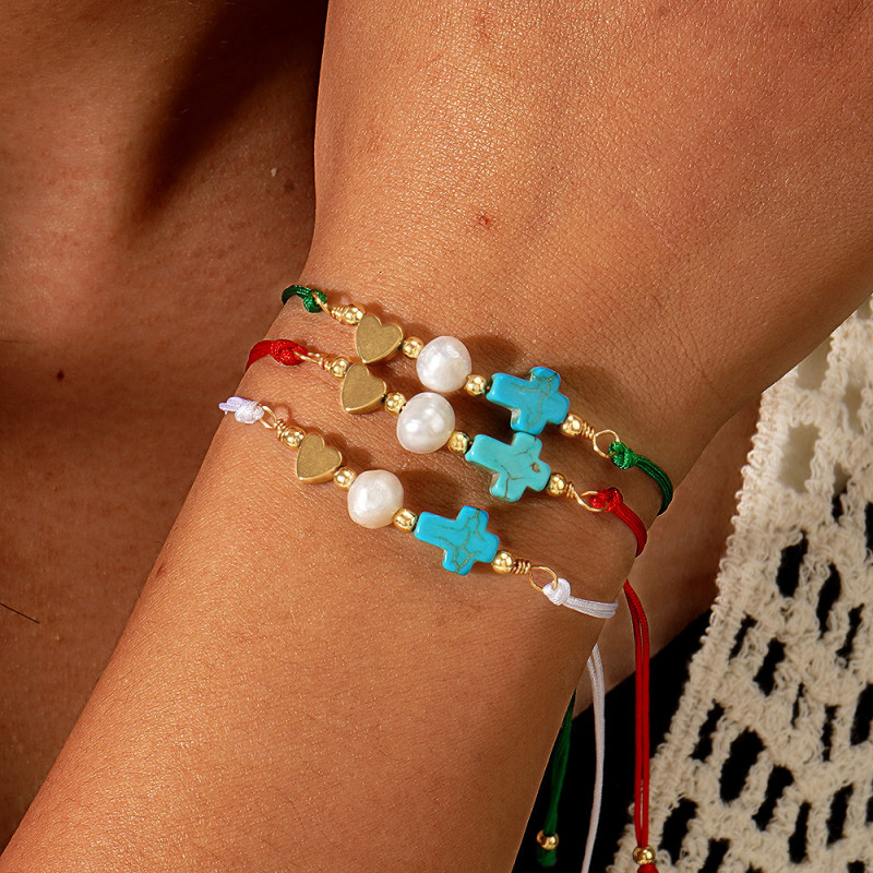 Cross Heart Pearl Bracelet 2025 Fashion Trend Lucky Red String Bracelet Summer Simple Commuting Small Hand Accessory