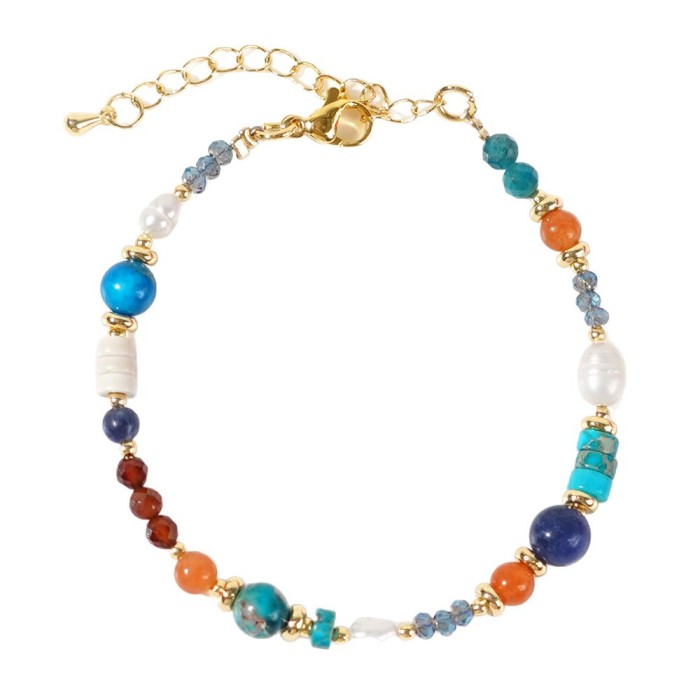 Vintage Crystal Copper Bead Bracelet Semi-Precious Stone Inlay Decoration White Pearl Blessing Gentle Style Wrist Accessory
