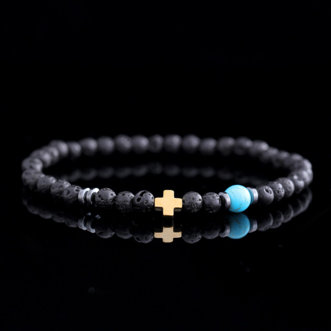 Ins Internet Celebrity Style Volcanic Stone Bracelet Set Simple Versatile Black Gallstone Cross Elastic Bracelet Couple Bracelet