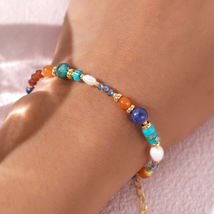 Vintage Crystal Copper Bead Bracelet Semi-Precious Stone Inlay Decoration White Pearl Blessing Gentle Style Wrist Accessory