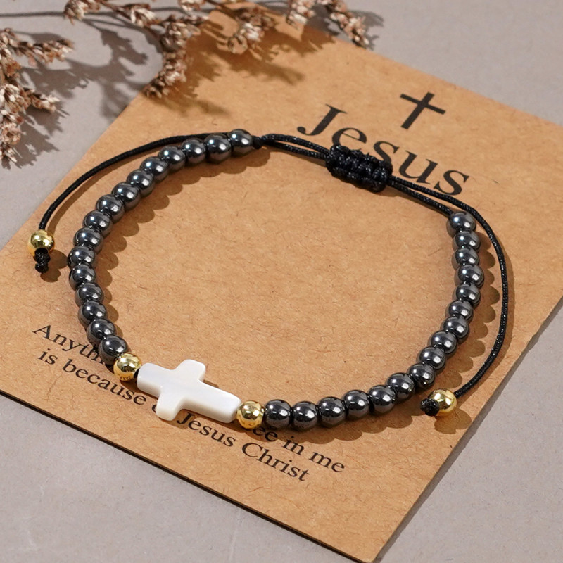 European and American Cross-Border Jewelry Shell Cross Black Gallstone Beaded Bracelet Cross Easter Card Wholesale