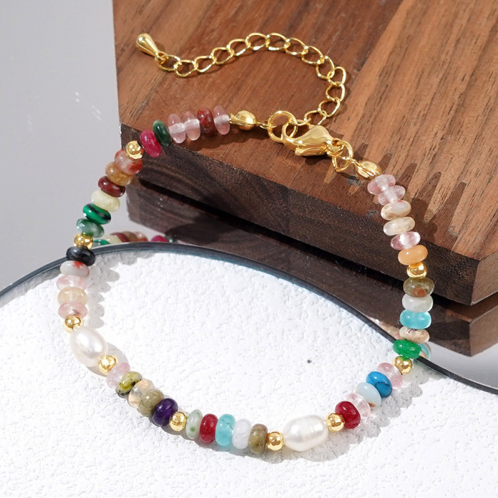 European and American Retro Style Bracelet Niche Original Design White Pearl Jewelry Colorful Abacus Beads Semi-Precious Stone Bracelet