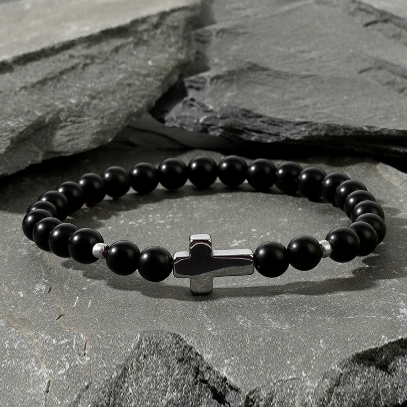 European and American Cross-Border Jewelry Black Magnetic Cross Shoushan Stone Bracelet African Pine Map Stone Couple Handmade Braided Bracelet