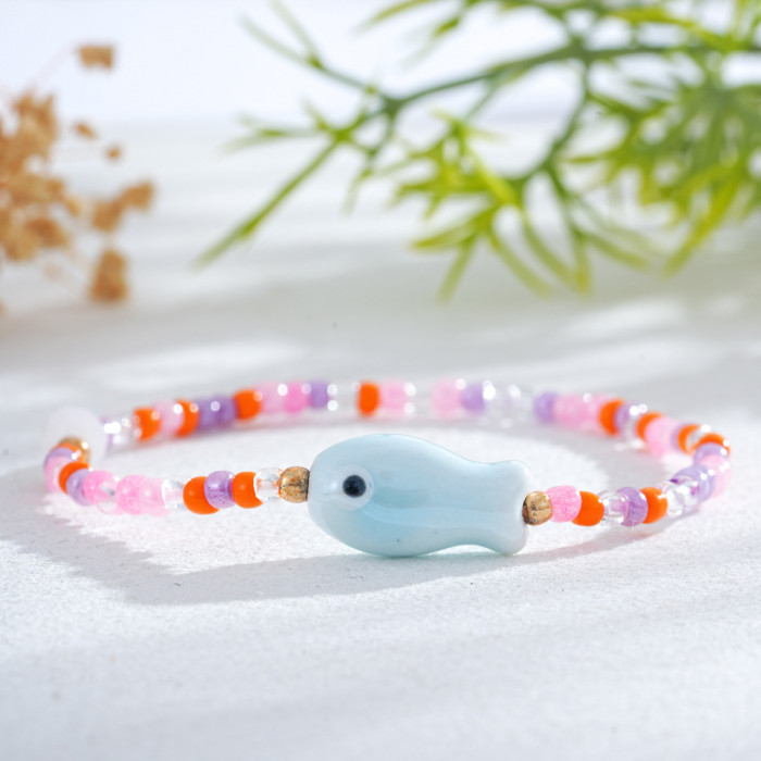 Colorful Glass Ceramic Small Fish Beaded Bracelet Summer Cute Ocean Style Versatile Bracelet Ins Hot Sale