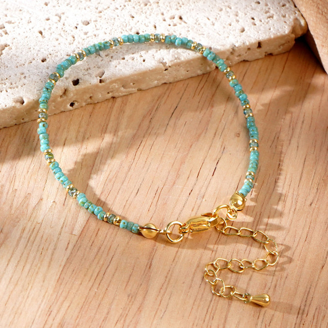 Niche Retro Fresh Anklet Bohemian Vacation Style Fashion Metal Mixed Pattern Stone Beaded Anklet