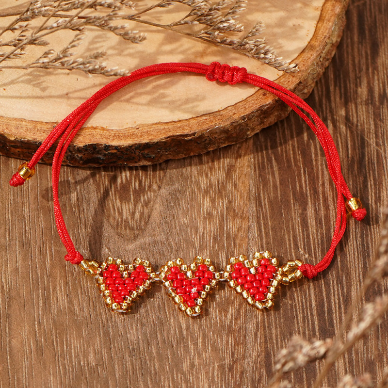 Festive Red String Three Hearts Handmade Beaded Bracelet Personalized Adjustable Couple Jewelry Valentine's Day Creative Gift Hot Item