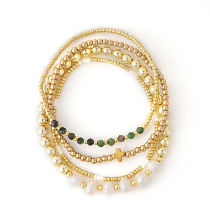 Cross-Border New Iron Gall Stone Gold Red Green Treasure Semi-Precious Stone Cross Bead Bracelet Jewelry Four-Piece Set Wholesale Jade