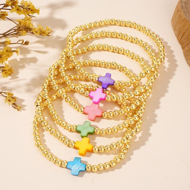 Cross-Border Hot Sale 2024 Foreign Trade Popular Mixed Color Personality Versatile Shell Cross Copper Bead Bracelet Women's Jewelry