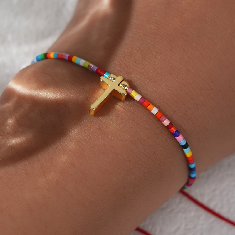 New Fashion Gold Bead Cross Beaded Bracelet Colorful Adjustable Bracelet Jewelry Party Best Friend Girl Gift