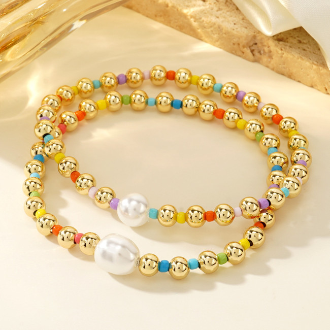 Custom Simple Fashion Ins Style Copper Bead Imitation Pearl Bracelet for Women Beaded Bracelet Student Personalized Jewelry Processing
