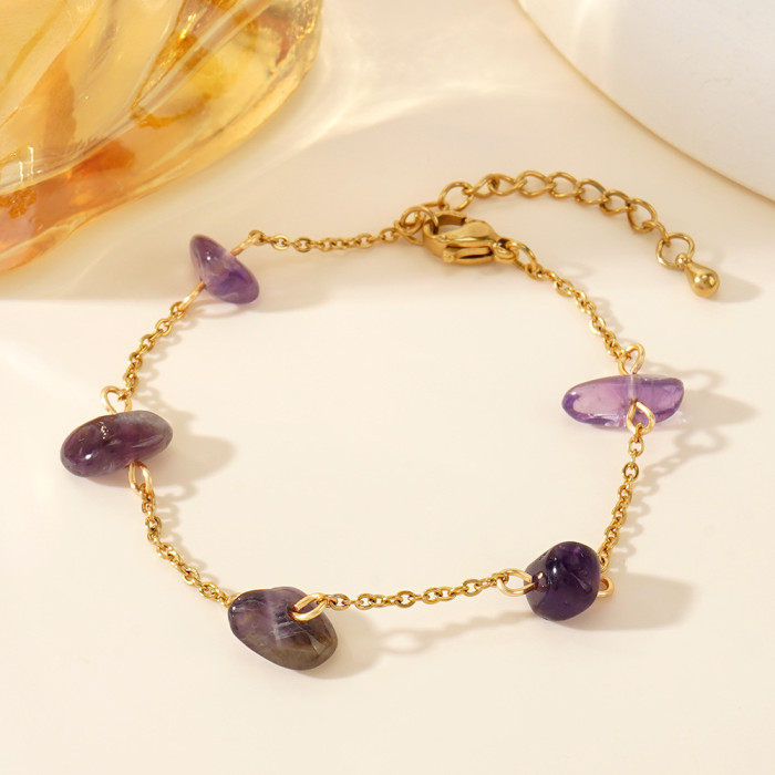 Colorful Irregular Crystal Raw Stone Bracelet Natural Stone Stainless Steel Starry Sky Bracelet Cross-Border Hot-Selling Jewelry
