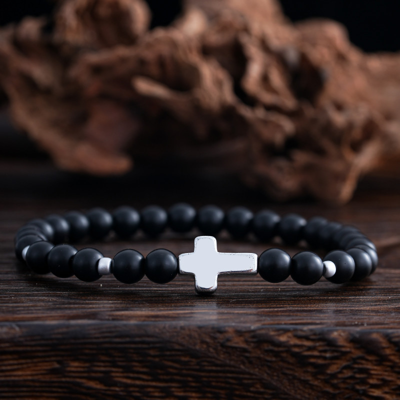 European and American Cross-Border Jewelry Black Magnetic Cross Shoushan Stone Bracelet African Pine Map Stone Couple Handmade Braided Bracelet