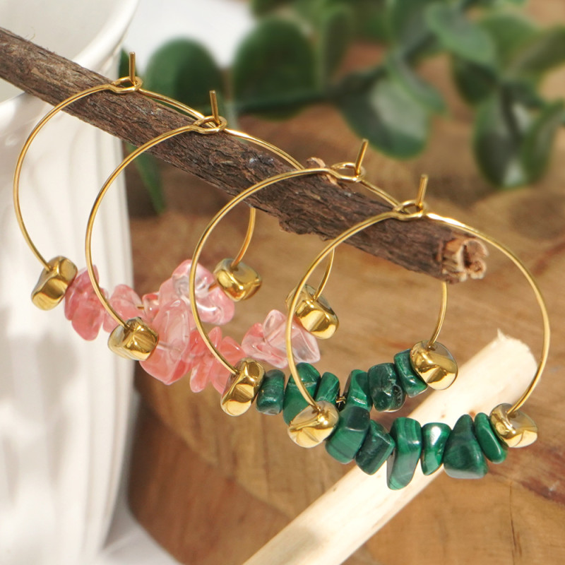 Cross-Border New Chinese Style Earrings Stainless Steel Gold-Plated Iron Gallstone Bracelet Earrings Malachite Watermelon Red Crushed Stone Earrings