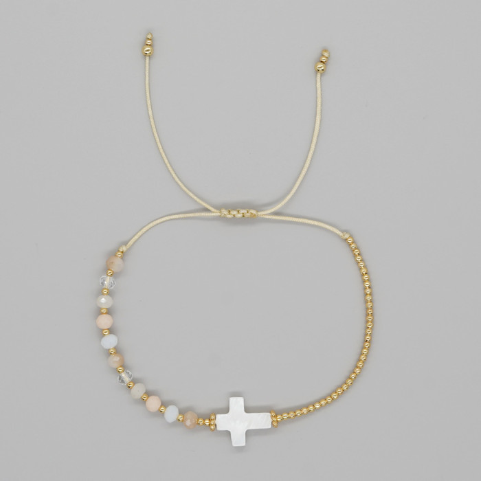 New Retro Bohemian Style Shell Cross Crystal Copper Bead Bracelet Women's Jewelry