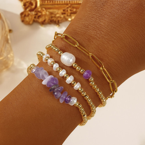 European and American Style Multi-layer Stacking Bracelet Set Imitation Pearl Amethyst Stone Gold Bead Metal Chain Ins Niche Hand Jewelry Wholesale