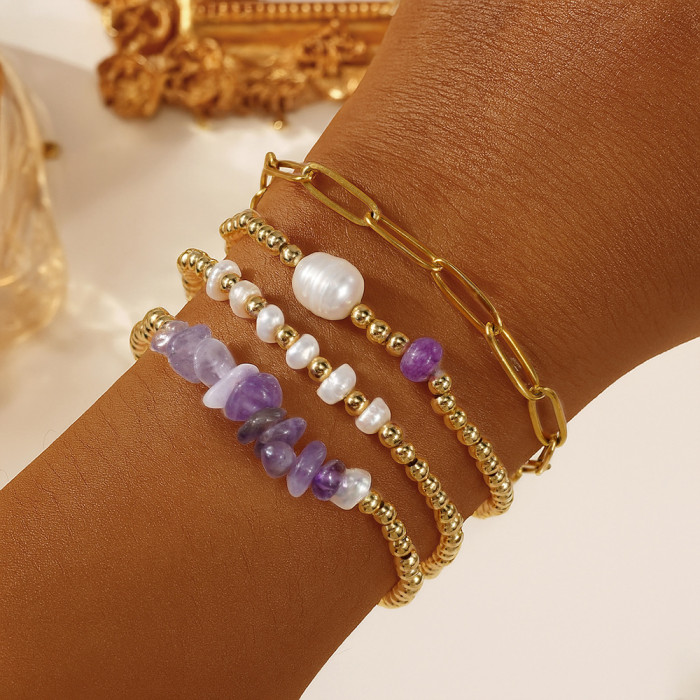 European and American Style Multi-layer Stacking Bracelet Set Imitation Pearl Amethyst Stone Gold Bead Metal Chain Ins Niche Hand Jewelry Wholesale