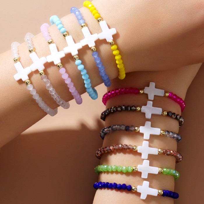 Bohemian Style Copper Bead Shell Bracelet Cross Colorful Crystal Handmade Beaded Bracelet for Women