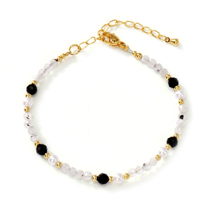 Vintage Ethnic Style Natural Stone Bracelet for Women White Crystal Black Onyx Beaded Design Sense Light Luxury Hand Jewelry Cross-Border Wholesale